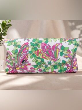 Trina Turk Large Butterfly Print Envelope Clutch Resort Bag Pink Green NWT
